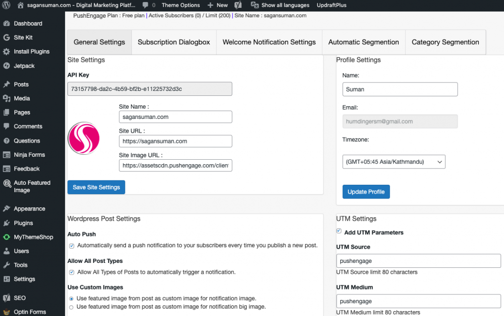 Subscription Dialog Box page in PushEngage plugin