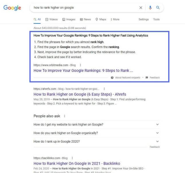 Example of featured snippet - best way to blog rank on first page of Google