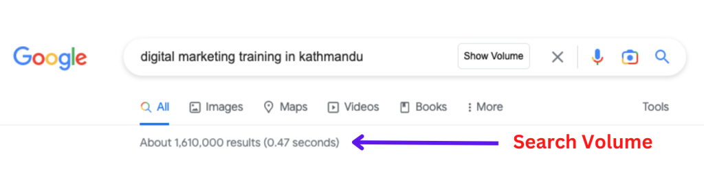 Showing results of search volume of long-tail keyword