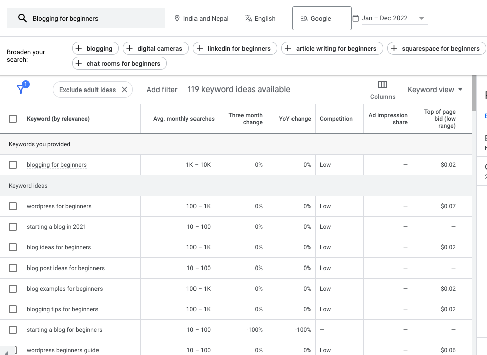 finding new keywords and search volume in Google Keyword Planner to use and grow blog traffic