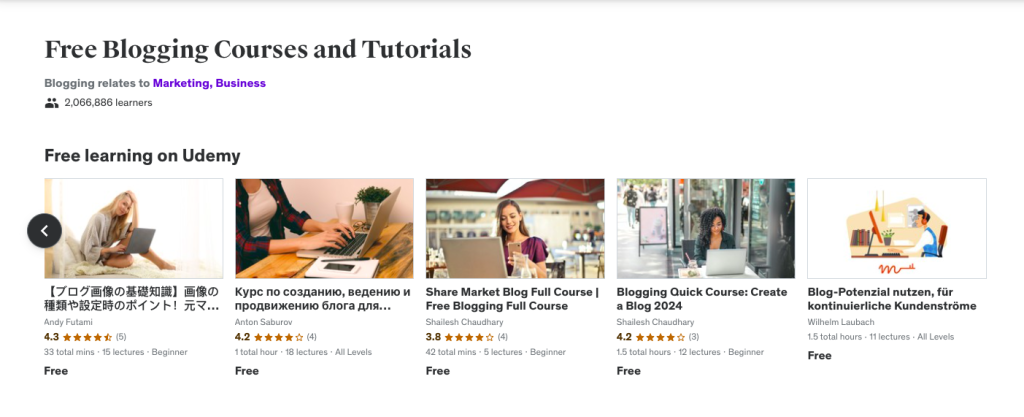 Udemy free blogging courses and tutorials