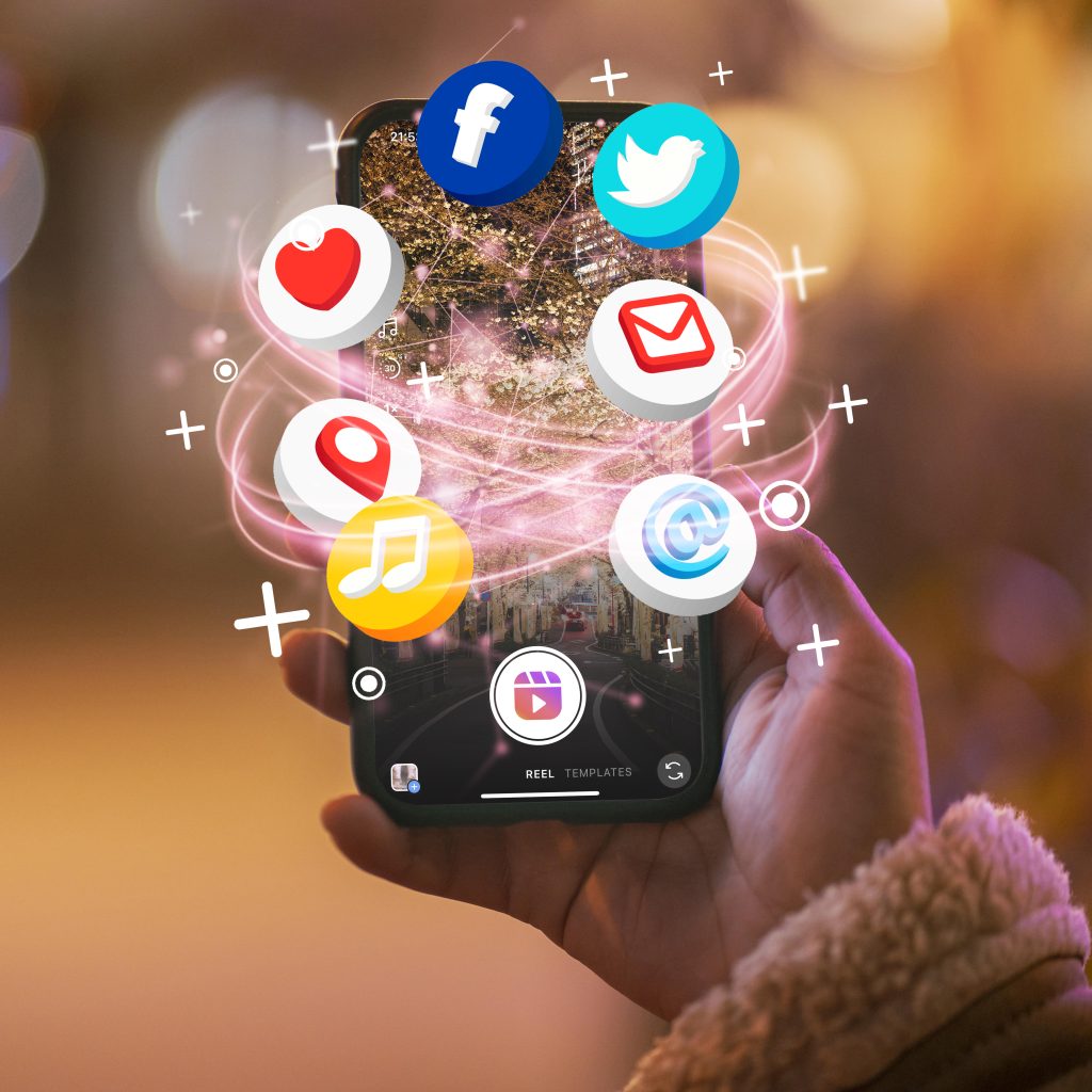 Hand holding phone showing social media